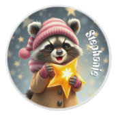 Schattigee wasbeer in roze pet en ster aangepaste keramische knop (Voorkant)