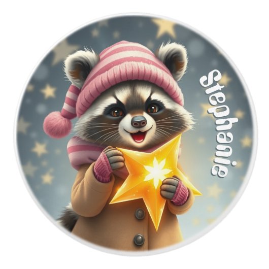 Schattigee wasbeer in roze pet en ster aangepaste keramische knop (Voorkant)