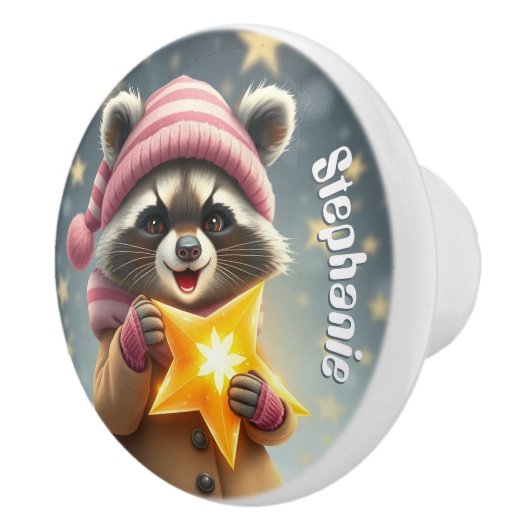Schattigee wasbeer in roze pet en ster aangepaste keramische knop (Rechts)
