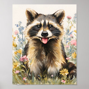 Schattigee wasbeer in wilde bloemen - Waterverf An Poster