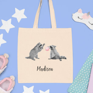 Schattigee wasbeer met Bubble Gum gepersonaliseerd Tote Bag