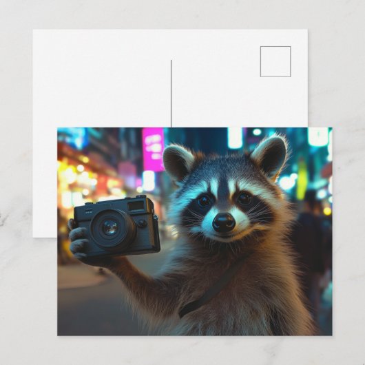 Schattigee wasbeer met camera in een grote stad briefkaart (Voorkant / Achterkant)