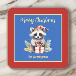 Schattigee wasbeer met kerstmuts vrolijk kerstfees kartonnen onderzetters