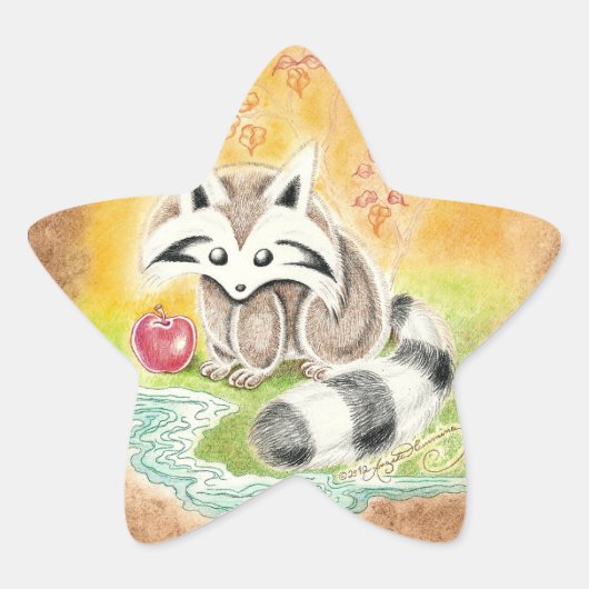 Schattigee wasbeer met rode appel in de buurt van  ster sticker (Voorkant)