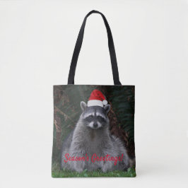 Schattigee wasbeer met rode kerstmuts vakantie tote bag