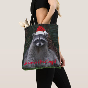 Schattigee wasbeer met rode kerstmuts vakantie tote bag