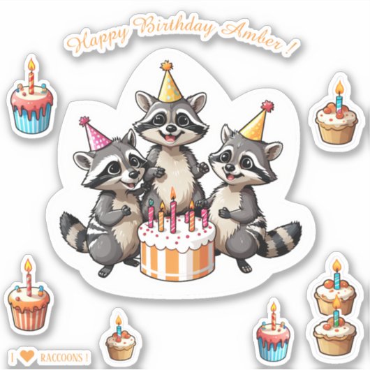 Schattigee wasberen Happy Birthday gepersonaliseer Sticker (Voorkant)