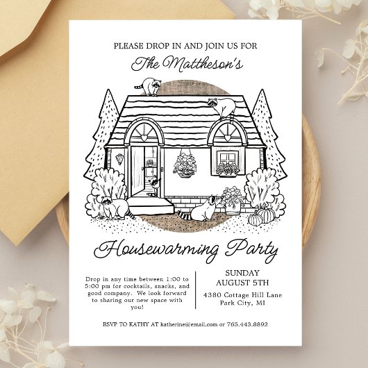 Schattigee wasberen vallen in housewarming party kaart