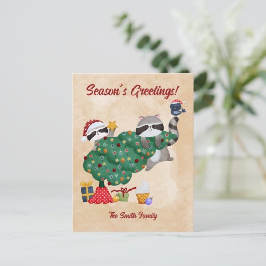 Schattigee wasberen Waterverf kerst Feestdagenkaart (Staand voorkant)