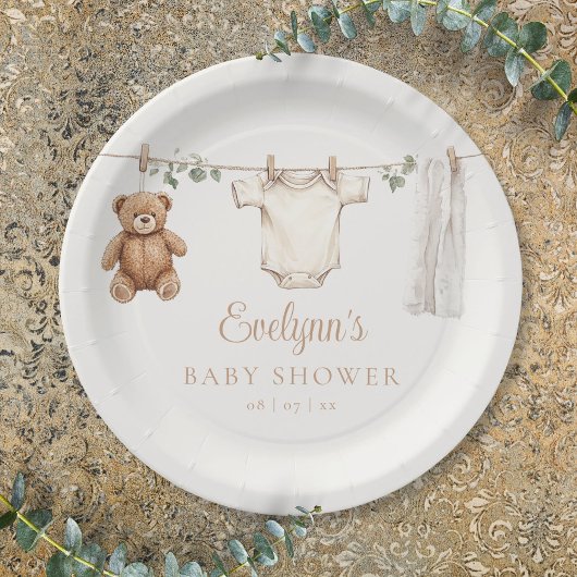 Schattigee waslijn genderneutraal Baby shower Papieren Bordje