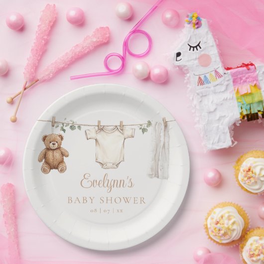 Schattigee waslijn genderneutraal Baby shower Papieren Bordje (Feest)