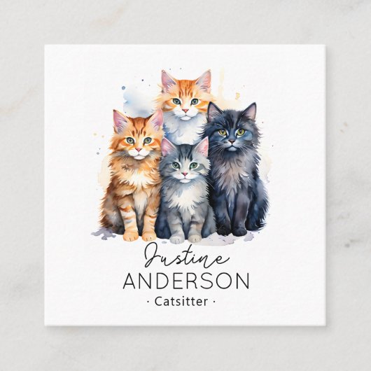 Schattigee watercoIor illustratie van Cats Cat Sit Vierkante Visitekaartje (Voorkant)