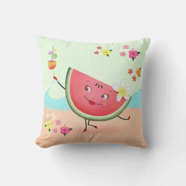 Schattigee Watermeloen Karakter en Strand Kussen (Voorkant)