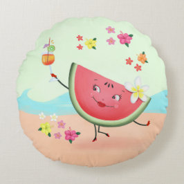 Schattigee Watermeloen Karakter en Strand Rond Kussen