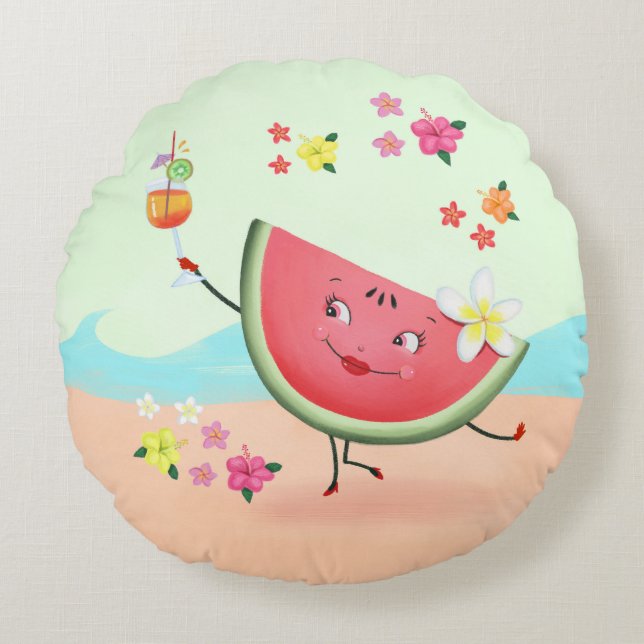 Schattigee Watermeloen Karakter en Strand Rond Kussen (Voorkant)