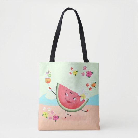 Schattigee Watermeloen Karakter op het strand Tote Bag (Voorkant)