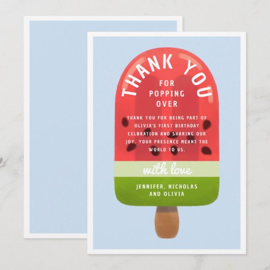 Schattigee Watermeloen Popsicle Eerste Verjaardag Bedankkaart (Voorkant / Achterkant)