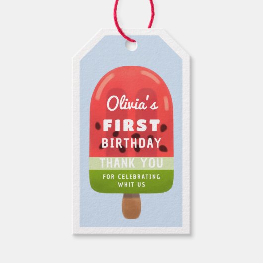 Schattigee Watermeloen Popsicle Eerste Verjaardag Cadeaulabel (Voorkant)