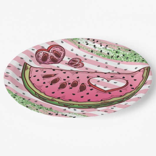Schattigee Watermeloen Roze Groene Glitter Verjaar Papieren Bordje (Gekanteld)