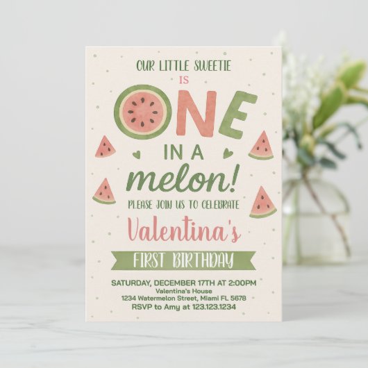 Schattigee Watermeloen Verjaardagsfeestje Uitnodig Kaart (Staand voorkant)