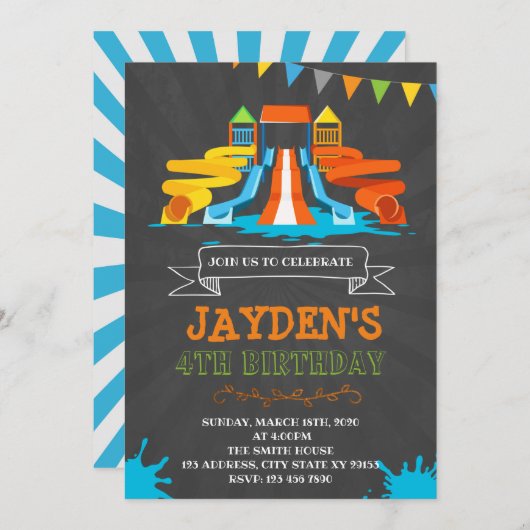 Schattigee Waterpark verjaardagsfeestuitnodiging Kaart (Voorkant / Achterkant)