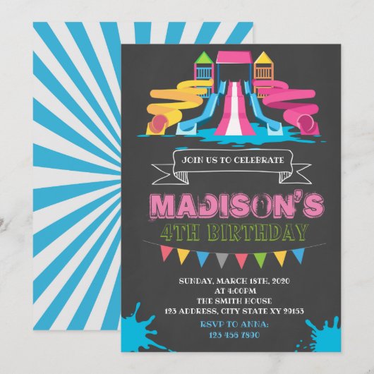 Schattigee Waterpark verjaardagsfeestuitnodiging Kaart (Voorkant / Achterkant)