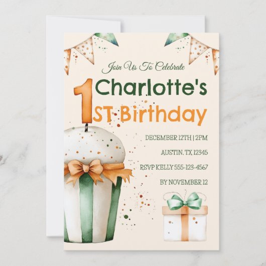 Schattigee Waterverf 1e Verjaardag Cupcake & Gift (Voorkant)