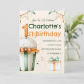 Schattigee Waterverf 1e Verjaardag Cupcake & Gift (Staand voorkant)