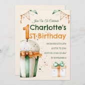 Schattigee Waterverf 1e Verjaardag Cupcake & Gift (Voorkant / Achterkant)