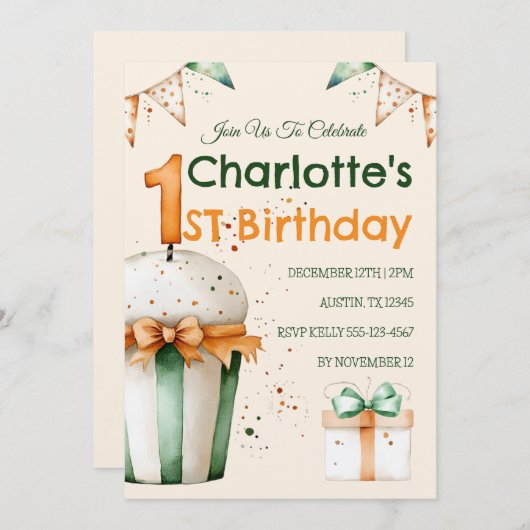 Schattigee Waterverf 1e Verjaardag Cupcake & Gift (Voorkant / Achterkant)