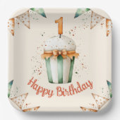 Schattigee Waterverf 1e Verjaardag Cupcake Papieren Bordje (Voorkant)