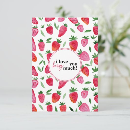 Schattigee waterverf aardbeien patroon Ik hou van  Bedankkaart (Staand voorkant)