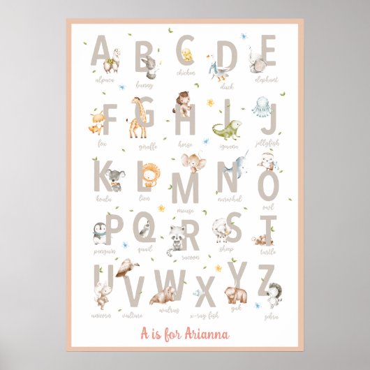 Schattigee Waterverf ABC Animal Alphabet Nursery Poster (Voorkant)