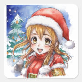 Schattigee Waterverf Anime Girl Christmas Vierkante Sticker (Voorkant)