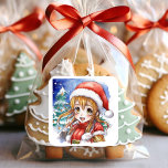 Schattigee Waterverf Anime Girl Christmas Vierkante Sticker<br><div class="desc">Schattigee waterverf anime meisje in een kerstmuts voor een kerstboom stickers.</div>