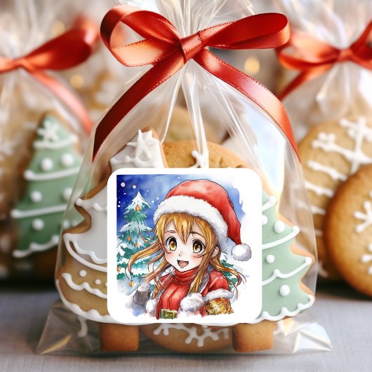 Schattigee Waterverf Anime Girl Christmas Vierkante Sticker