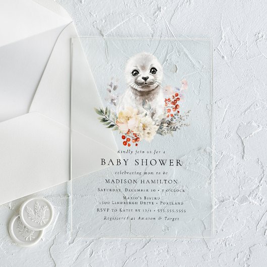 Schattigee Waterverf Arctic Seal Winter Baby showe Acryl Uitnodigingen