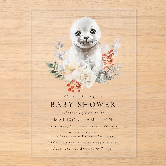 Schattigee Waterverf Arctic Seal Winter Baby showe Acryl Uitnodigingen (Voorkant)