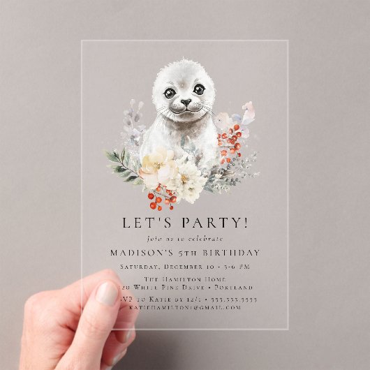 Schattigee Waterverf Arctic Seal Winterverjaardags Acryl Uitnodigingen (Insitu (Draagbaar))