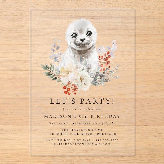 Schattigee Waterverf Arctic Seal Winterverjaardags Acryl Uitnodigingen (Voorkant)