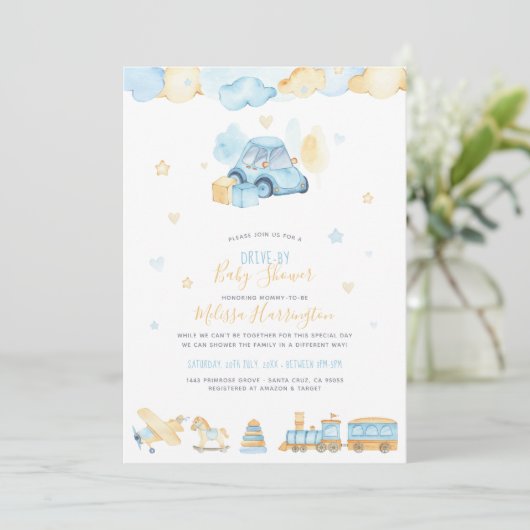 Schattigee Waterverf Auto Baby Boy Drive-By Baby s Kaart (Staand voorkant)