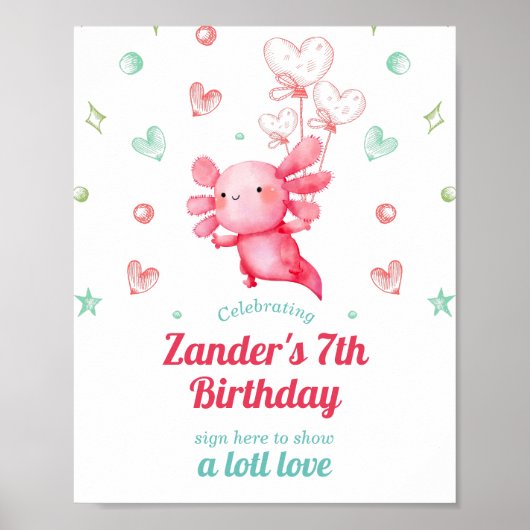 Schattigee Waterverf Baby Axolotl Verjaardag Onder Poster (Voorkant)