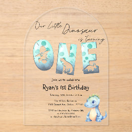 Schattigee Waterverf Baby Dinosaurus 1e Verjaardag Acryl Uitnodigingen