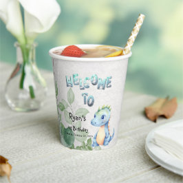 Schattigee Waterverf Baby Dinosaurus 1e Verjaardag Papieren Bekers
