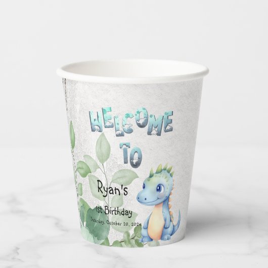 Schattigee Waterverf Baby Dinosaurus 1e Verjaardag Papieren Bekers (Voorkant)