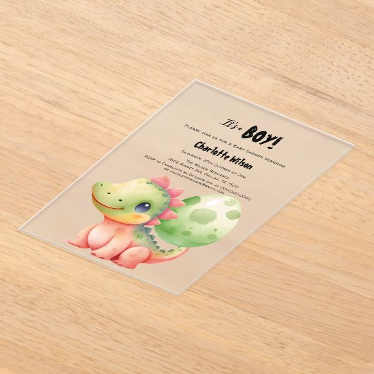 Schattigee Waterverf Baby Dinosaurus Baby shower Acryl Uitnodigingen (Laagn)