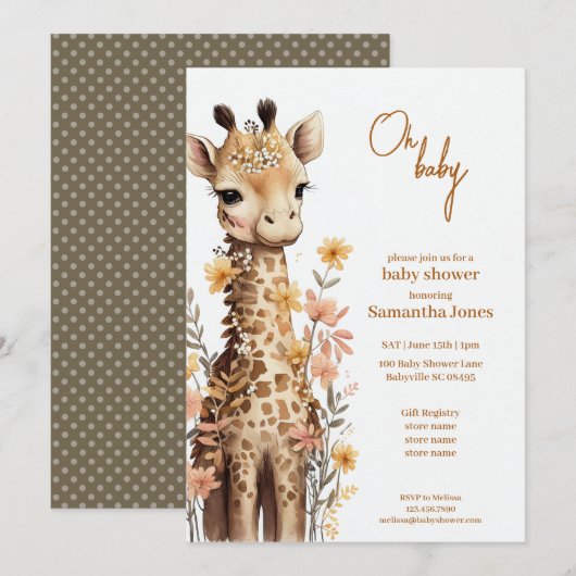 Schattigee Waterverf Baby Giraffe Baby shower Kaart (Voorkant / Achterkant)