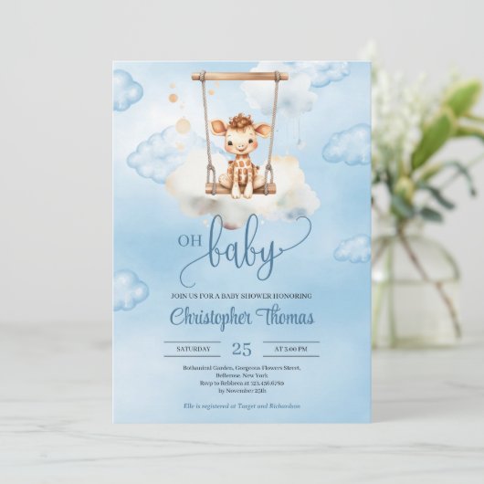 Schattigee waterverf baby giraffe op schommel in b kaart (Staand voorkant)