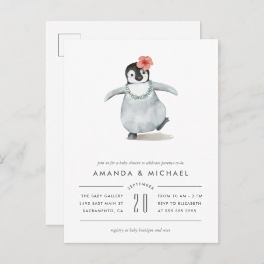 Schattigee Waterverf Baby Girl Penguin Baby shower Uitnodiging Briefkaart (Voorkant / Achterkant)
