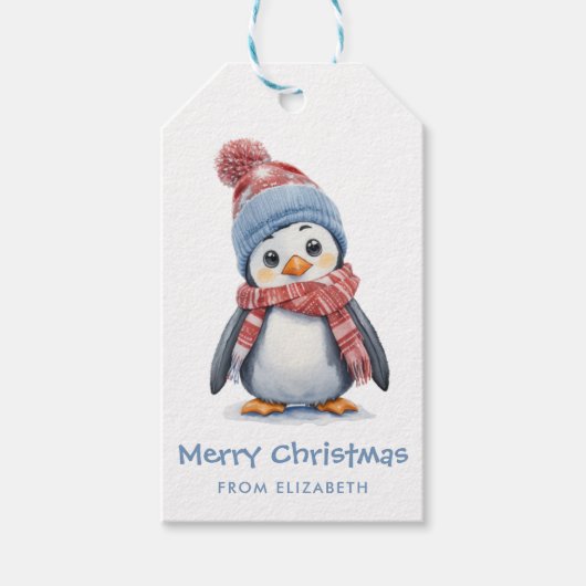 Schattigee Waterverf Baby Pinguïn Kerstmis Cadeaulabel (Voorkant)